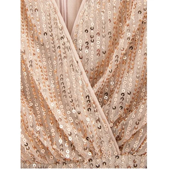 Gold Sequins on Beige V-Neck Surplice Long Sleeve Belted Mini Dress Short - Picture 8 of 11